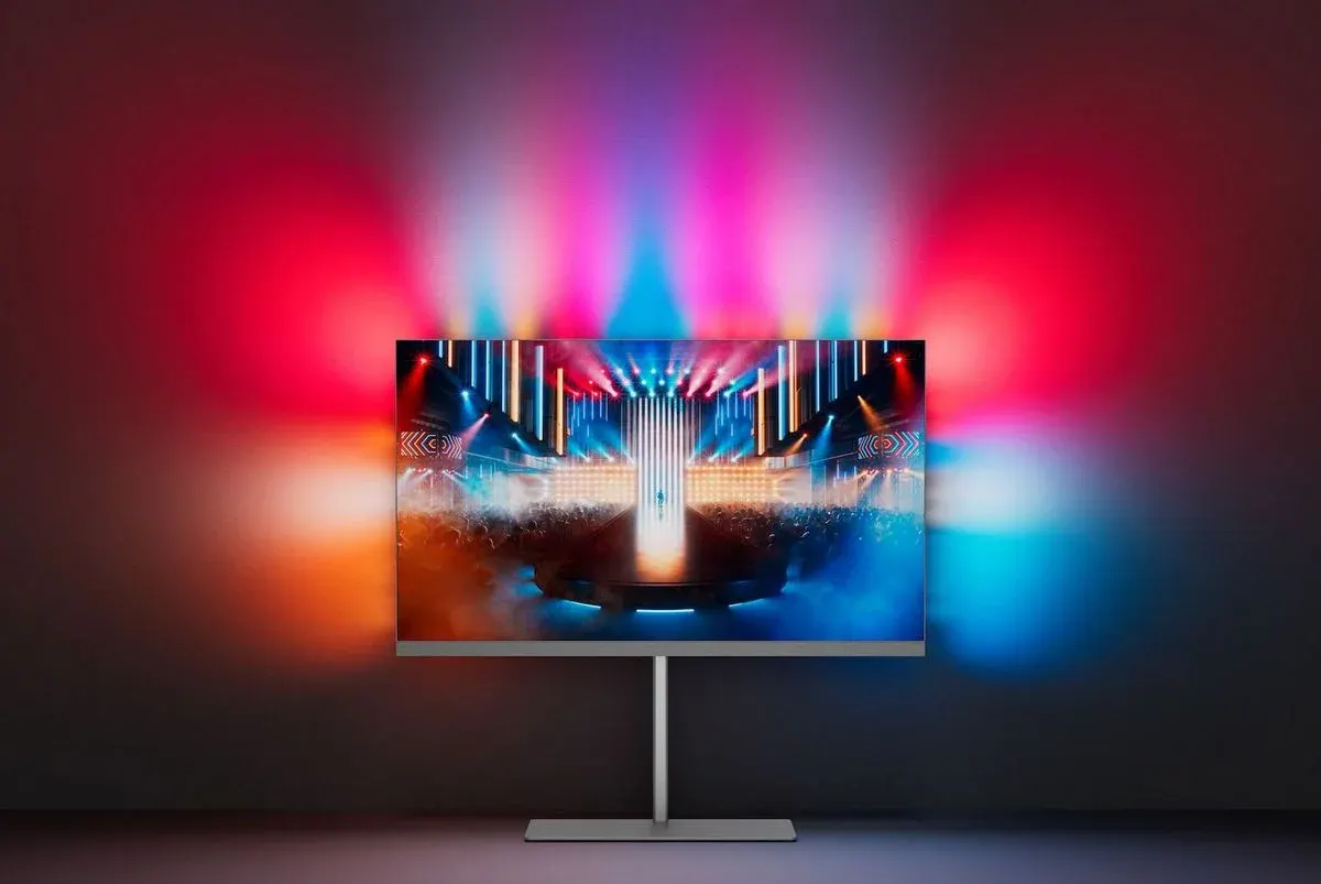 Philips OLED-Fernseher auf einem silbernen Standfuß, der eine Konzertszene mit bunter Bühnenbeleuchtung zeigt. Das Ambilight-System des Fernsehers projiziert die Bildschirmfarben – Rot, Pink, Blau und Orange – auf die dunkle Wand dahinter und erzeugt einen beeindruckenden Lichthalo-Effekt.