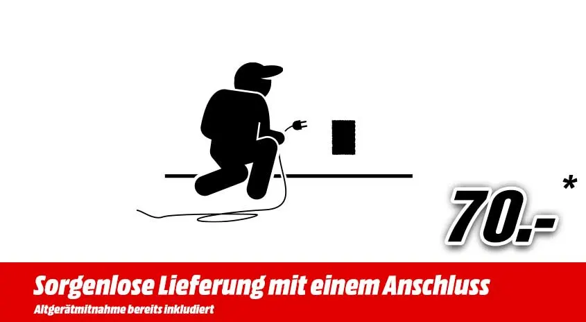Ein schwarzes Piktogramm zeigt eine Person, die einen Stecker in eine Steckdose steckt, daneben steht "70.-".