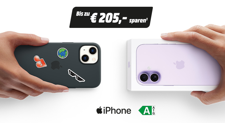 Bild mit zwei Händen, links ein älteres iPhone mit Hülle und Stickern, rechts das  lilafarbenes iPhone 17 in der Verpackung. Darüber der Hinweis: ‚Bis zu 205 € sparen‘, unten das Apple‑Logo mit Schriftzug ‚iPhone‘.