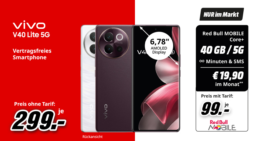 Werbung für das Vivo V40 Lite 5G Smartphone in Weiß, Lila und mit Red Bull Mobile Tarifoptionen.