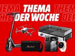 Bild mit rotem Hintergrund. Headline: Thema der Woche. Im Vordergrund eine Produktcollage von einem E-Scooter, Drohne, Lautsprecher, Tischgriller, Smartphone und einer Smartwatch