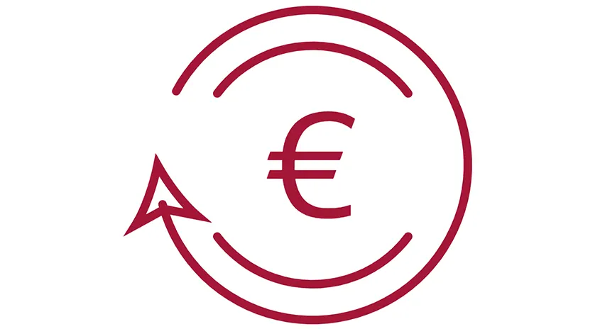 Rotes Euro-Symbol in einem Kreis mit Pfeil, der eine finanzielle Rückgabe oder einen Kreislauf darstellt.