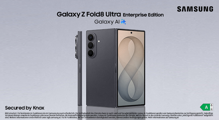 Produktbild von Samsung mit dem Schriftzug 'Galaxy Z Fold8 Ultra Enterprise Edition' und 'Galaxy AI'. Zu sehen sind zwei Ansichten des zusammengeklappten, dunkelgrauen Foldable-Smartphones – einmal von der Kameraseite mit dreifacher Kamera und einmal von der Rückseite mit aufgeklapptem Display, das ein abstraktes 8-förmiges Muster zeigt. Unten links der Hinweis 'Secured by Knox', oben rechts das Samsung-Logo, unten rechts ein Energieeffizienz-Label.