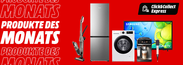 Aktionsbanner ‚Produkte des Monats‘ mit Click&Collect Express Label. Abgebildet sind vor rotem Hintergrund verschiedene Geräte: ein Akkusauger, eine Kühl-Gefrierkombination, eine Waschmaschine, ein Samsung Full-HD-Fernseher, ein Kaffeevollautomat und ein Haarstyler