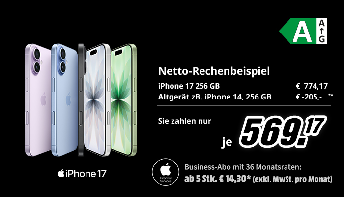 Werbebild: Vier iPhone 17 in Pastellfarben links, rechts Text ‚Netto‑Rechenbeispiel‘ mit Preisen: iPhone 17 256 GB €774,17; Altgerät z. B. iPhone 14, 256 GB -€205; Sie zahlen nur je €569,17. Hinweis auf Business‑Abo (36 Monate) ab 5 Stk. €14,30* (exkl. MwSt.). Apple‑Logo und Energieeffizienz‑Label A.