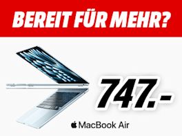Bild mit rot-weißem Hintergrund. Im roten Bereich steht: Bereit für mehr? Darunter ist ein MacBook Air Produktbild zu sehen, rechts daneben steht der Preis von 747,- Euro.
