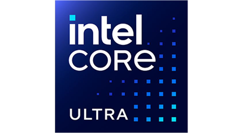 Das Intel Core Ultra Logo auf blauem Grund. Weiße Schriftzüge und blaue Quadrate zieren das Logo.