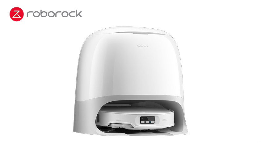 Ein weißer Roborock-Roboterstaubsauger in seiner Ladestation. Die Station hat ein weißes, geschlossenes Design mit einer oberen Öffnung.