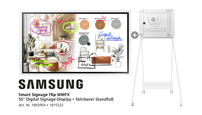 Samsung Smart Signage Flip WMFX, 55-Zoll-Digital-Signage-Display mit fahrbarem weißem Standfuß – das Display zeigt ein digitales Whiteboard mit Interior-Design-Skizzen und handschriftlichen Anmerkungen.