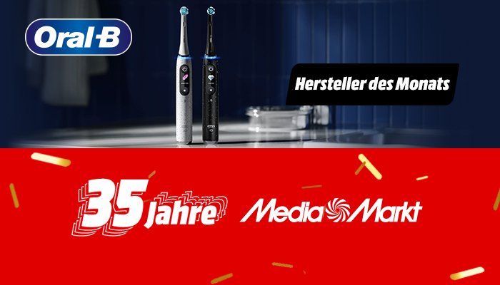 Zwei Oral-B-Elektrozahnbürsten, eine weiße und eine schwarze, stehen vor einem dunkelblauen Hintergrund mit dem Logo von Oral-B.