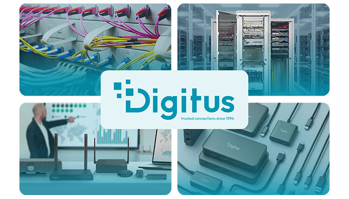 Digitus Werbebanner mit dem Slogan "Trusted Connections since 1994" und einer Bildcollage aus Netzwerktechnik, Servern, Konferenzraum-Ausstattung und IT-Zubehör.