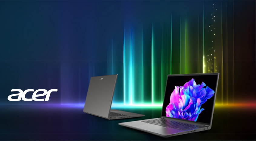 Zwei Acer-Laptops vor buntem Hintergrund. Links das Acer-Logo und ein geschlossener Laptop. Rechts ein offener Laptop mit buntem Display.