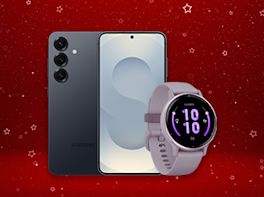 Produktbild eines Smartphones und einer Smartwatch vor rot-weihnachtlichem Hintergrund.