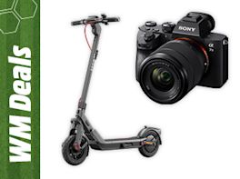 E-Scooter und Systemkamera vor weißem Hintergrund, links mit grünem „WM Deals“-Rand.