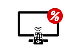 Schwarzes Symbol eines TVs und einer Fernbedienung. Ein rotes Prozentzeichen auf dem Bild soll ein Hinweis auf Angebote im Bereich "TV & Beamer" sein.