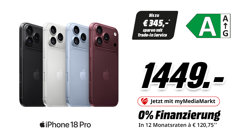 Vier iPhone-18-Pro-Modelle in Schwarz, Weiß, Hellblau und Dunkelrot. Angebot: 1.449 Euro, bis zu 345 Euro sparen mit dem Trade-in-Service, 0-%-Finanzierung in zwölf Monatsraten zu je 120,75 Euro und Energieeffizienzklasse A. Jetzt mit myMediaMarkt