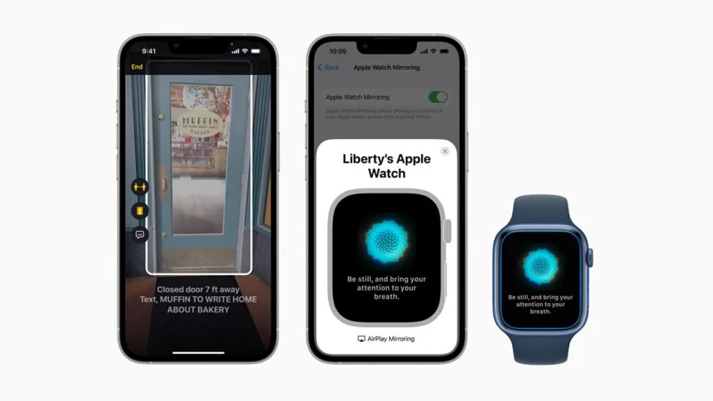 iPhone zeigt Funktion zur Texterkennung, daneben zwei Geräte mit Apple Watch Mirroring Funktion.