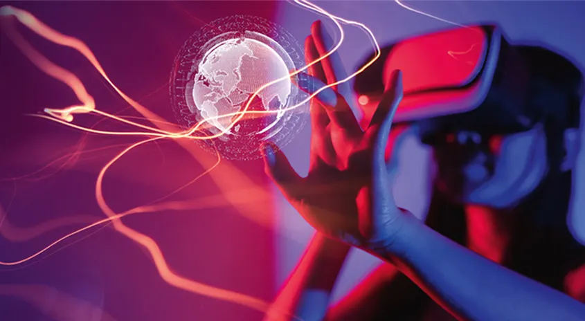 Vor rotem Hintergrund eine VR-Brille, Hände, die nach einer digitalen Weltkugel greifen, und Lichtspuren.