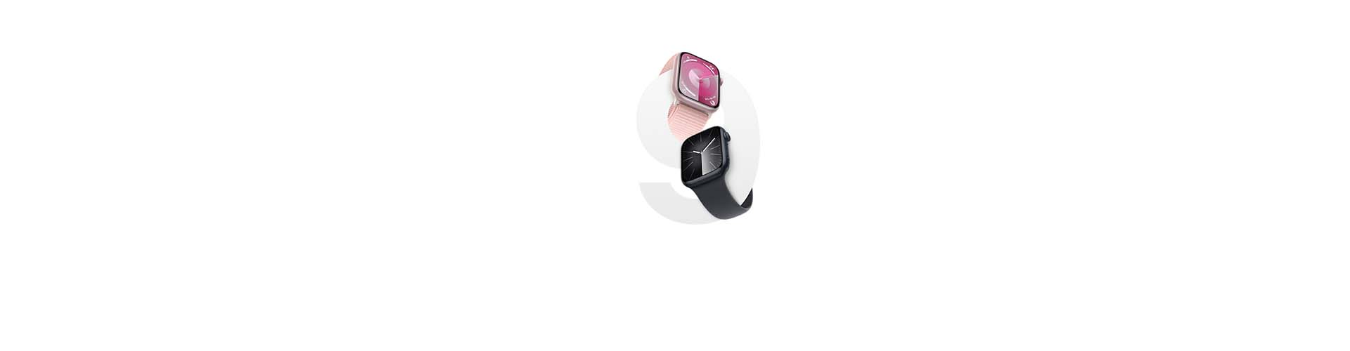 Zwei Apple Watches 9 in den Farben Rosé und Mitternacht.