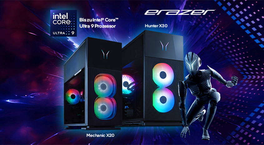 Zwei schwarze Computergehäuse mit bunten Lüftern. "Erazer"-Logo oben. "Mechanic X20" und "Hunter X30" Schriftzüge. Blaue Akzente im Hintergrund.