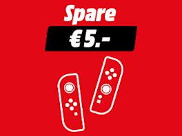 Grafik mit rotem Hintergrund: Oben steht in Weiß „Bis zu €5.-“, darunter ein weißes Icon einer Nintendo Switch Konsole