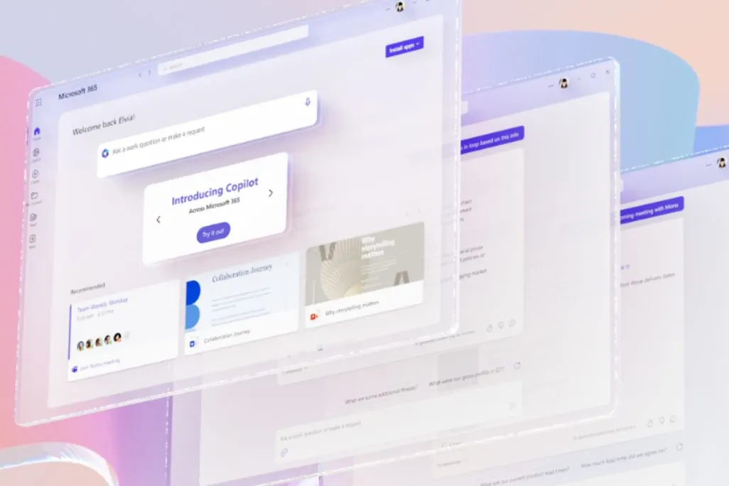 Mehrere überlappende, transparente Microsoft 365-Fenster auf rosa-violett-blauem Hintergrund. Das vorderste zeigt Copilot und Inhalte.