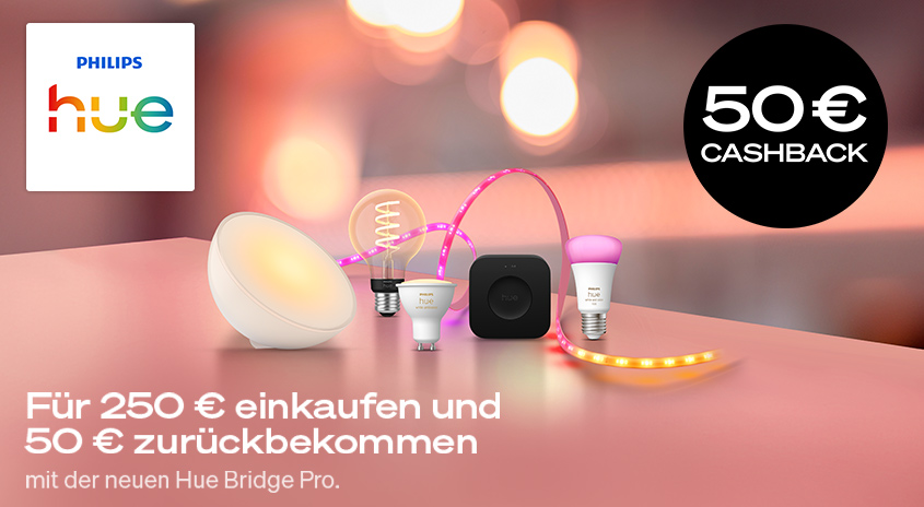 Philips Hue. 50€ Cashback sichern! Für 250€ einkaufen und 50€ zurückbekommen mit der neuen Hue Bridge Pro.