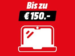 Roter Hintergrund mit Text: Bis zu € 150,-. Darunter ein Iconbild von einem Notebook.
