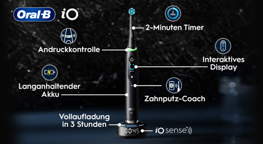 Oral-B iO Zahnbürste mit beschrifteten Funktionen: 2-Minuten Timer, Druckkontrolle, interaktives Display, Zahnputz-Coach, langanhal­tender Akku, Vollaufladung in 3 Stunden auf schwarzem Hintergrund.