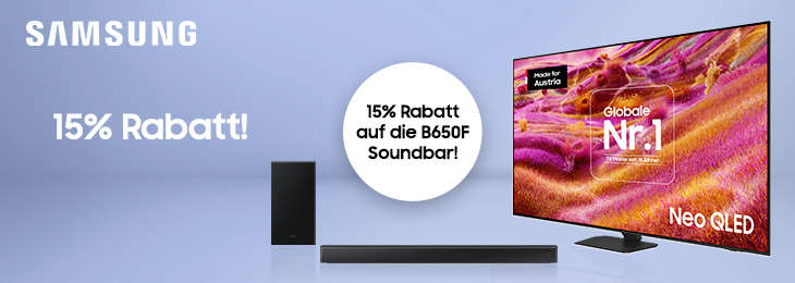 Samsung Werbebanner mit 15% Rabatt Aktion. Zu sehen ist ein großer Neo QLED Fernseher mit buntem, wellenförmigem Display-Inhalt in Pink- und Orangetönen, daneben eine schwarze Soundbar. Ein weißer Kreis hebt '15% Rabatt auf die B650F Soundbar' hervor. Das Samsung Logo ist links oben platziert