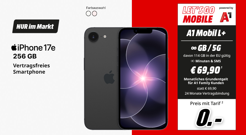 iPhone 17e, 256 GB, verschiedene Farben, vertragsfrei im Markt, mit Let's Go Mobile powered by A1 Mobil L+ Tarif um  € 0,-