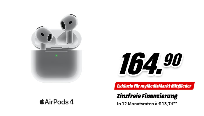 Apple AirPods 4 mit Ladecase, Preis 164,90 €, exklusiv für myMediaMarkt, zinsfrei in 12 Raten à 13,74 €