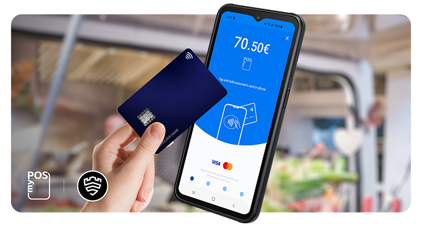 Eine Hand hält eine blaue Kreditkarte neben ein Smartphone, das eine Zahlungs-App mit einem Betrag von 70,50 € anzeigt.