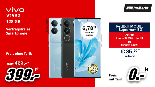 Auf rotem Grund sind drei Vivo V29 5G Smartphones in Blau, Grau und mit blauem Display abgebildet. Angebote und Logos sind sichtbar.