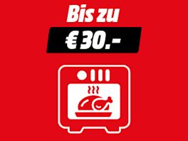 Roter Hintergrund mit Text: Bis zu € 30,-. Darunter ein Iconbild von einer Heißluftfritteuse. 