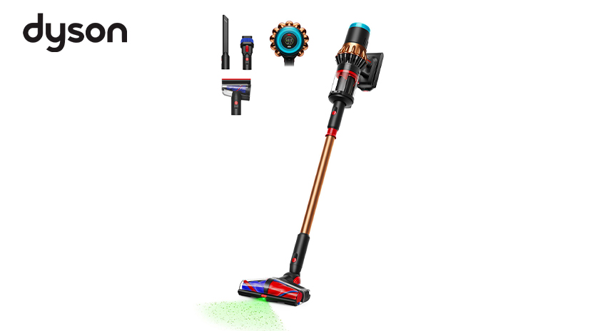 Ein kabelloser Staubsauger mit verschiedenen Aufsätzen. Er hat ein bronzefarbenes Rohr, schwarze und rote Details und einen blauen Aufsatz.