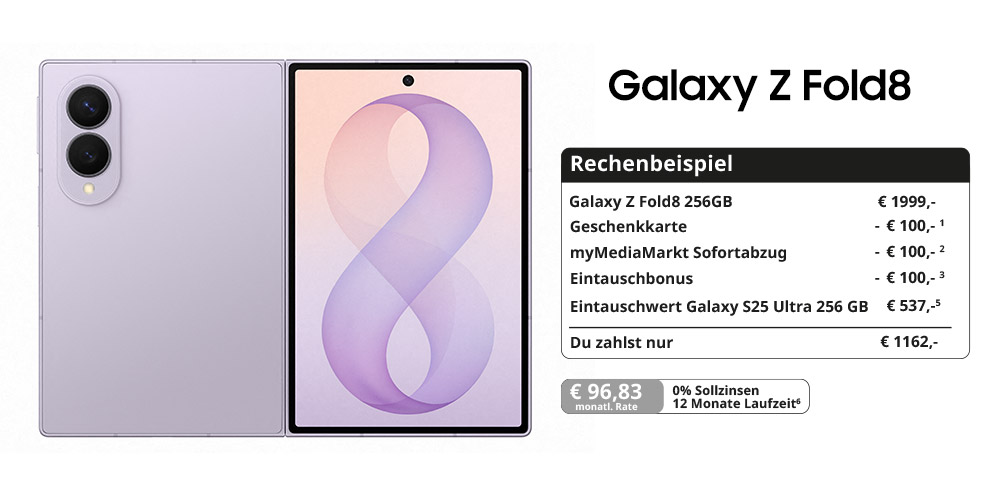 Galaxy Z Fold8 in Lavendel , aufgeklappt; rechts Rechenbeispiel mit Preisvorteilen und 0 % Finanzierung.