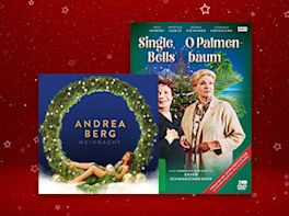 Produktbild einer Weihnachts-CD von Andrea Berg und einer DVD mit den beiden Filmen "Single Bells" und "O Palmenbaum" vor rot-weihnachtlichem Hintergrund.