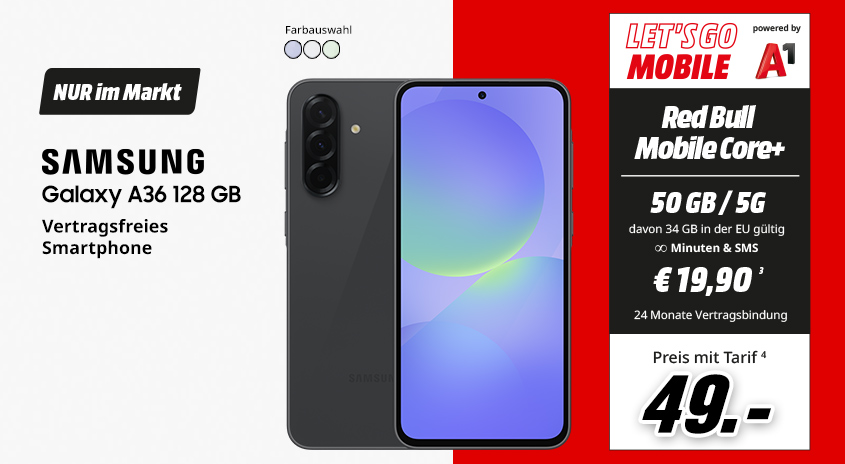Samsung A36, 128 GB, verschiedene Farben, vertragsfrei im Markt, mit Red Bull MOBILE Core+ Tarif um  € 49,