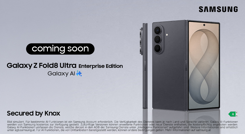Produktbild des Samsung Galaxy Z Fold8 Ultra Enterprise Edition auf grauem Hintergrund, von vorne und hinten zu sehen. Text im Bild: Coming soon, Galaxy Z Fold8 Ultra Enterprise Edition, Galaxy AI, Secured by Knox.