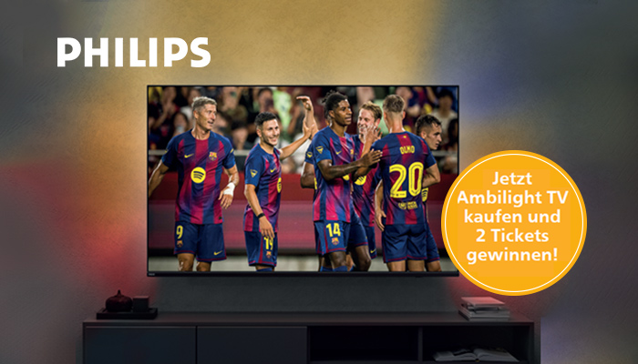 Ein Flatsreen mit den Spielern des FC Barcelona und eine Bubble: Jetzt Ambilight TV kaufen und 2 Tickets gewinnen