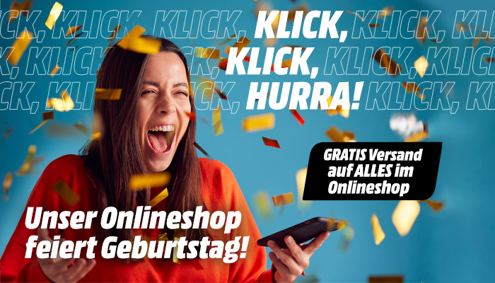 Eine Frau mit einem Telefon, Konfetti und Text auf blauem Hintergrund. Es wird für "Gratis Versand" und "Unser Onlineshop feiert Geburtstag!" geworben.