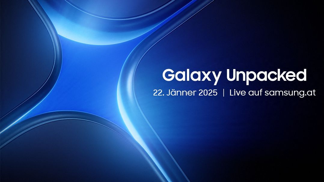 Dunkelblauer Hintergrund mit leuchtend blauen, geschwungenen Linien. Weißer Text: Galaxy Unpacked, 22. Jänner 2025 | Live auf samsung.at.
