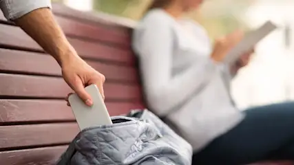 Handy-Dieb zieht auf einer Parkbank das Mobiltelefon aus der Handtasche einer Frau, die verschwommen im Hintergrund zu sehen ist.