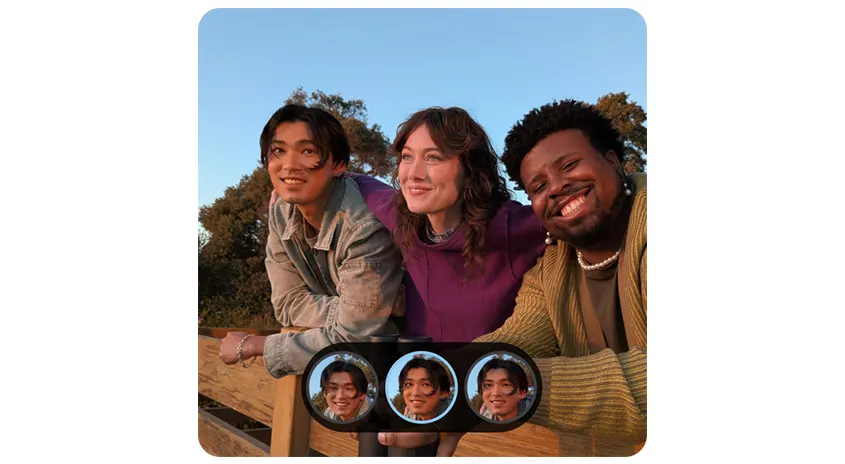 Drei Personen, die sich an einem Holzzaun im Freien anlehnen, mit Bäumen und blauem Himmel im Hintergrund. Drei kreisförmige Bilder darunter.