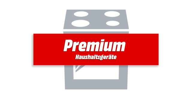 Grauer Umriss eines Kochherds mit vier Kochfeldern. Ein rotes Banner mit weißer Schrift "Premium Haushaltsgeräte" liegt darüber.