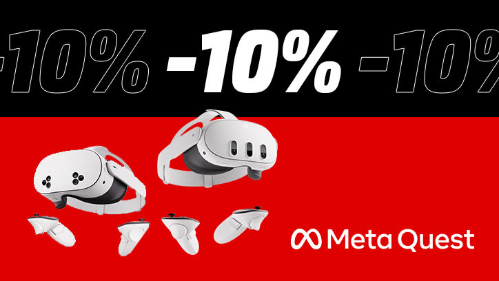 Schwarz-roter Hintergrund. Darauf steht -10%, darunter die Abbildung von zwei Meta Quest VR-Headsets mit jeweils zwei Controllern und rechts daneben das Meta Quest-Logo.