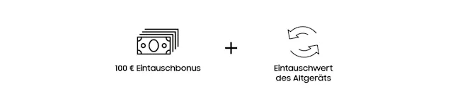 Geldstapel-Symbol, "+", Pfeil-Kreislauf-Symbol, Text "100 € Eintauschbonus" und "Eintauschwert des Altgeräts".