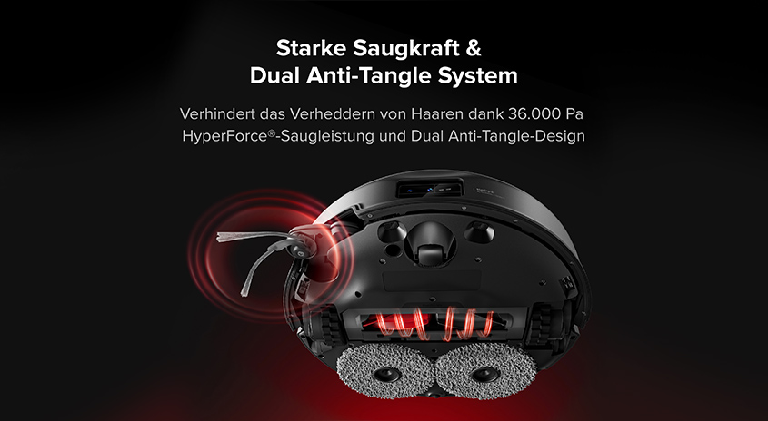 Starke Saugkraft & Dual Anti-Tangle System. Verhindert das Verheddern von Haaren dank 36.000 Pa HyperForce Saugleistung und Dual Anti-Tangle-Design. 