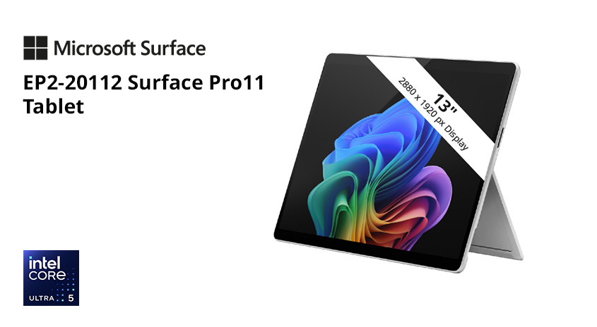 Microsoft Surface EP2-20112 Surface Pro11 Tablet, aufgestellt mit dem integrierten Kickstand. Ein Banner über dem Bildschirm zeigt '13 Zoll 2880 x 1920 px Display'. Unten links befindet sich ein Logo für den Prozessor 'Intel Core Ultra 5'.